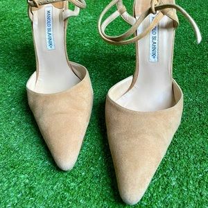 Manolo Blahnik tan suede ankle strap heels